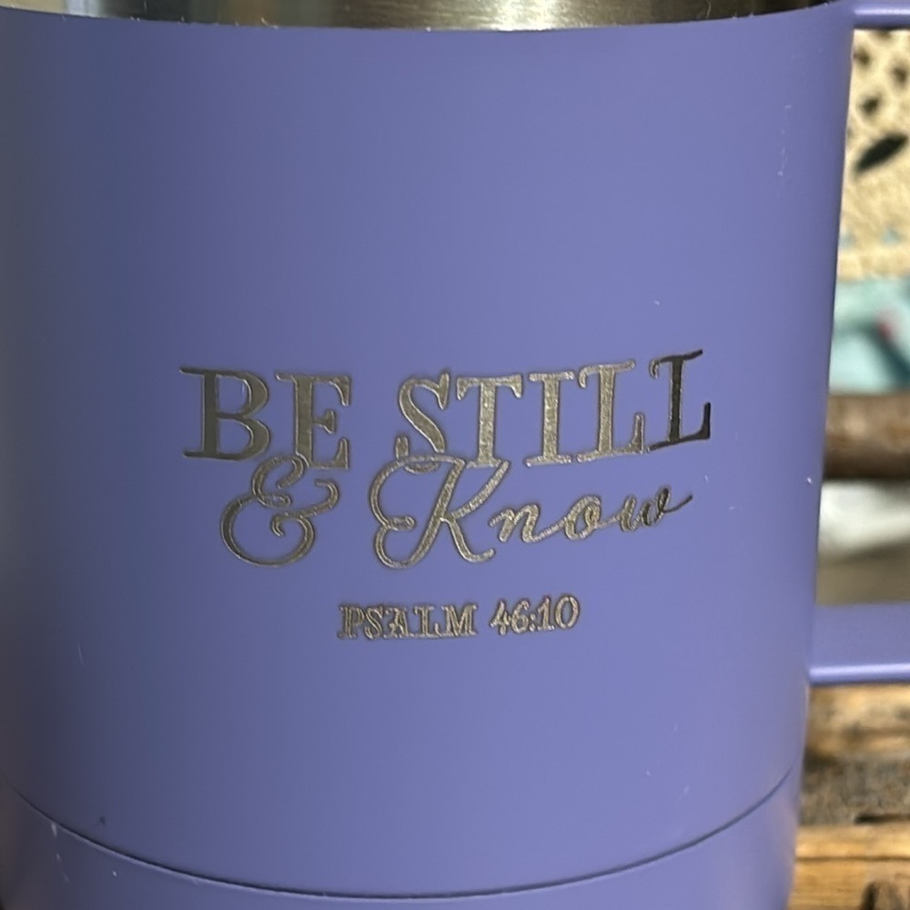PRE OWNED BE STILL AND KNOW PSALMS 46:10 LAVENDER CAMP STYLE STAINLESS STEEL MUG - Picture 3 of 12
